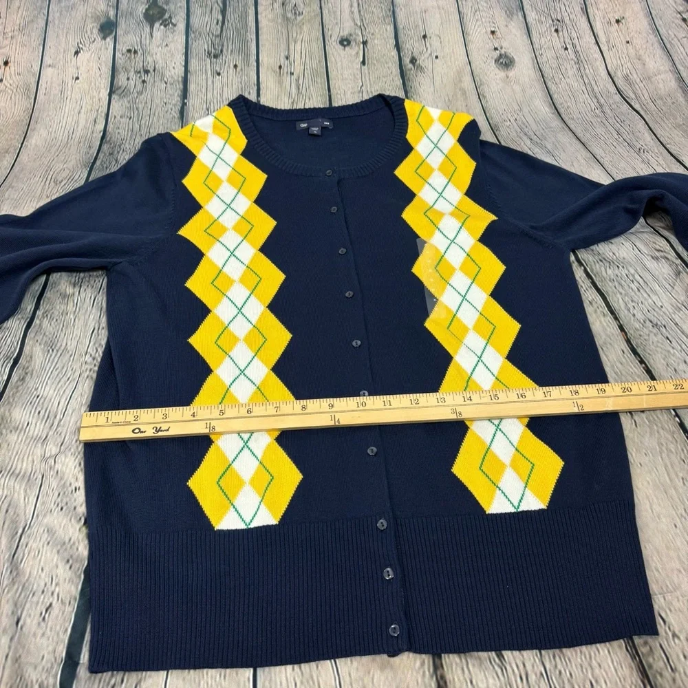 Gap NWOT Navy Button Down Caridigan Yellow Green Argyle Diamond Y2K Preppy Sz XL - Picture 9 of 12